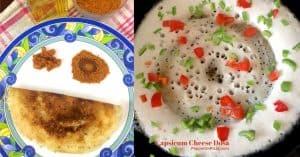 Capsicum cheese dosa served with mulagaipodi on a white plate edged with blue and yellow pattern and with red checked napkin on the top along with an image of the dosa being made with green capsicum and tomato pieces