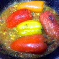 Place the grilled stuffed peppers carefully in the gravy with the tops on