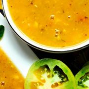 Delicious, easy to make, Green Tomato Corn Soup with Turmeric and Lemongrass. Healthy, soothing and refreshing and with a vegan option. Good for all seasons