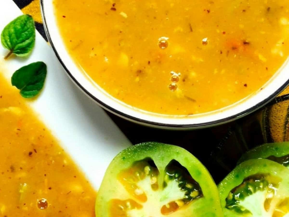 Delicious, easy to make, Green Tomato Corn Soup with Turmeric and Lemongrass. Healthy, soothing and refreshing and with a vegan option. Good for all seasons