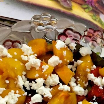 Delicious healthy easy Honey Grilled Peach Salad with Feta and a dressing of lemon juice, mustard, honey and ginger adding to the complementing flavours