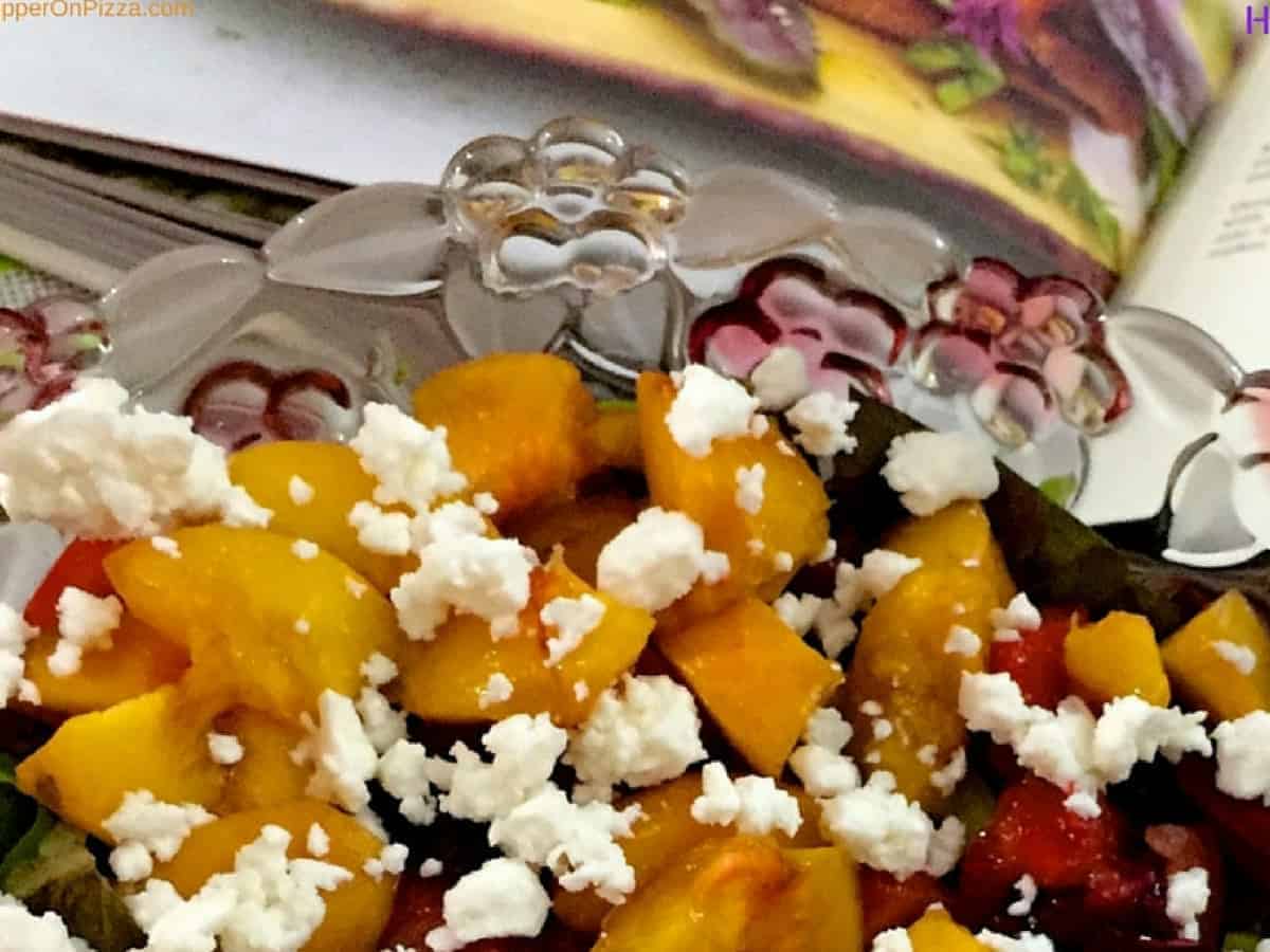 Delicious healthy easy Honey Grilled Peach Salad with Feta and a dressing of lemon juice, mustard, honey and ginger adding to the complementing flavours