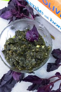 Easy and quick Purple Basil Pesto with Pine nuts and Parmesan following Jamie Olivers recipe. Green basil may be used instead of purple. Delicious!