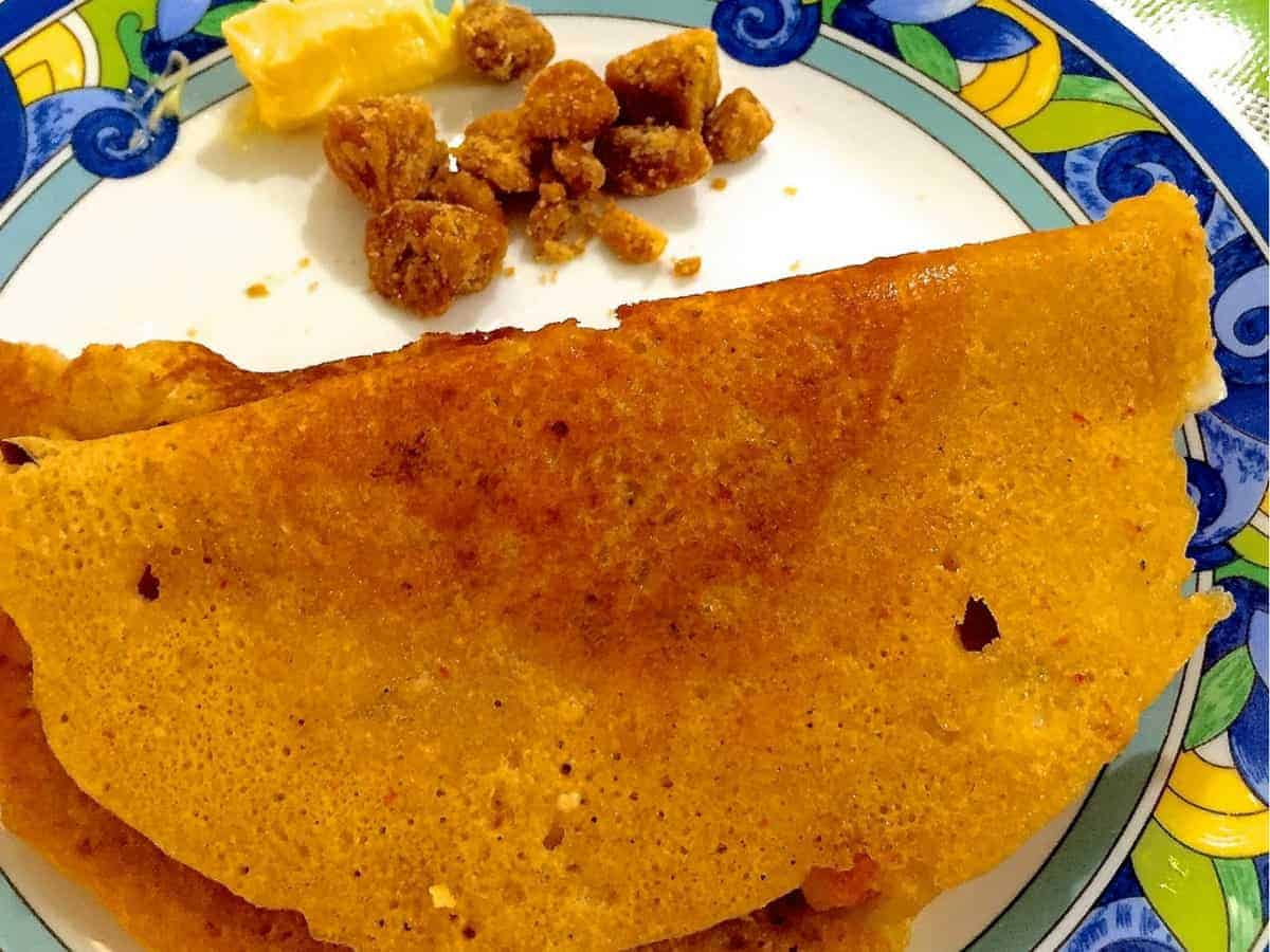 Multigrain Adai Dosa - Hearty, tasty nutritious crepes from a coarsely ground batter of rice and mixed lentils. Delicious with avial or jaggery and white butter