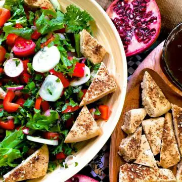 Lebanese Salad Fattoush with sumac sprinkled Pita bread veggies and greens