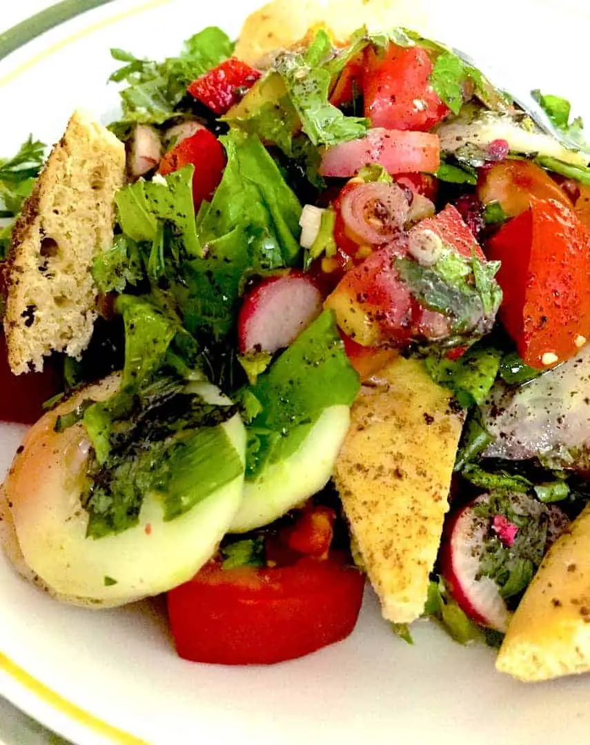 A plate of Fattoush the colourful Lebanese bread salad with Pita bread, tomatoes, red and white radish all sliced and dressed with pomegranate molasses and a lemon olive oil dressing