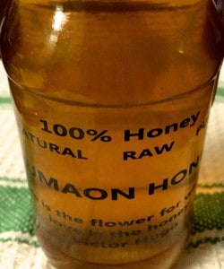 A tall bottle of rich dark Kumaon Honey