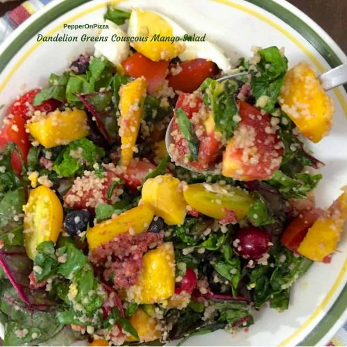 Dandelion greens with Couscous and Mango salad