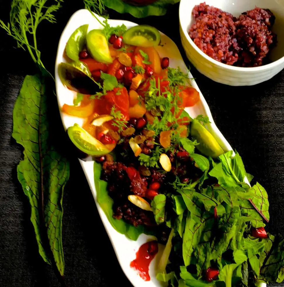 Black Rice Salad with fresh greens and herbs and a cranberry orange dressing on a boat shaped white plate with a white bowl for the dressing