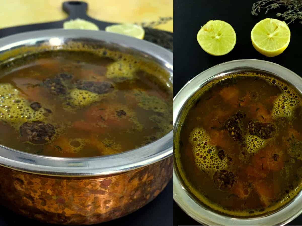 Lemon Thyme Rasam - fresh thyme adds a twist to the traditional South Indian spiced lentil and tamarind soup. Rich in nutrients, makes a tasty Soup too!