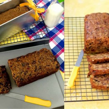 Rich Brown Christmas Fruit cake in a rectangular aluminium pan with a yellow ribbon on top. Slices of cake on a cooling rack with a yellow knife