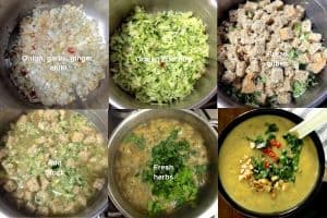 Steps for making curried chilli zucchini soup. 6 images showing sauteing onion and chillies, adding grated green zucchini, adding bread cubes, adding stock and then herbs. Finally the pureed and garnished soup, 