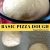 Basic Pizza dough after rising, in a glass bowl, with a red napkin on the left. Below, an image of 3 balls of pizza dough on a white baking mat, ready to roll out into thin crust pizza. Image description in black letters on a yellow band between the 2 images, says Basic Pizza Dough - https://www.PepperOnPizza.com