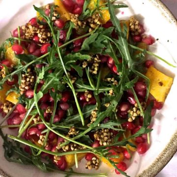 Summery delicious nutritious Roasted Pumpkin Labneh Buckwheat Salad with Pomegranate and Rocket. With Contrasting textures & flavours