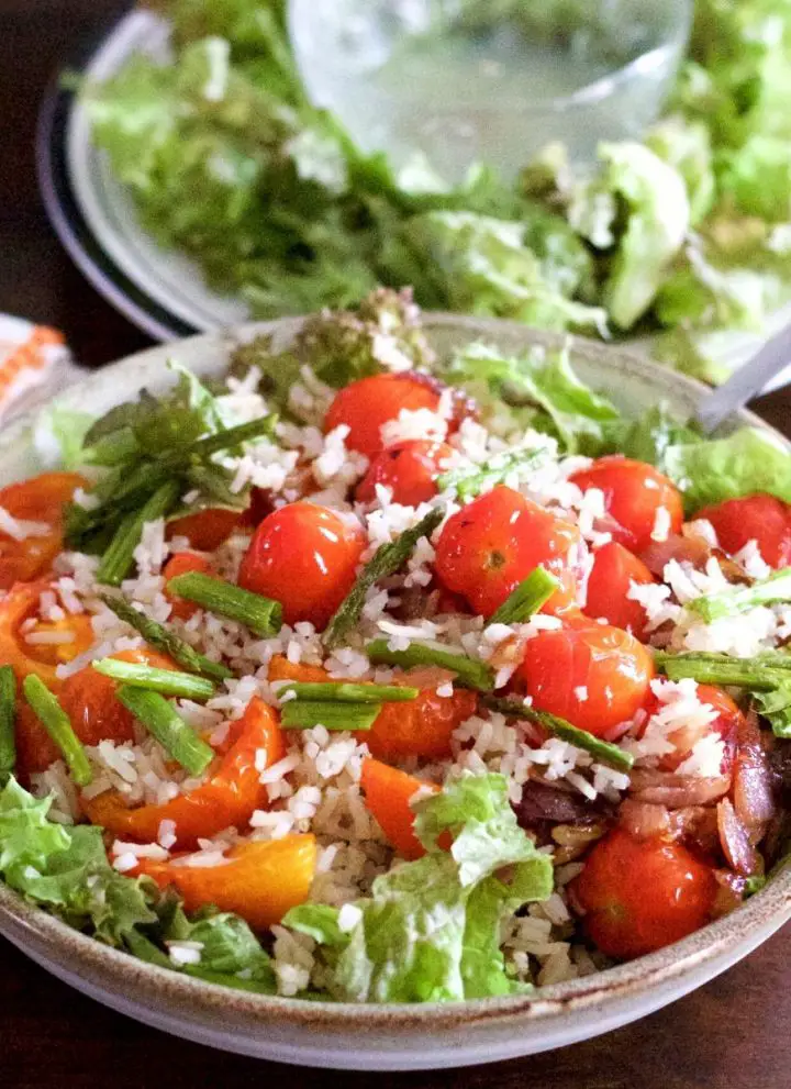 Bowl filled with red cherry tomatoes piled on a salad of brown rice, roasted tomato slices and greens. With a plate of greens and a glass bowl of lemon dressing in the background. Par of an orange edged white napkin on the left. All on a dark brown background