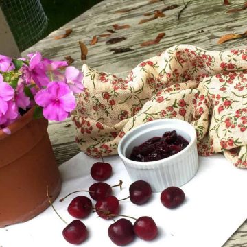 Easy Homemade Cherry Compote of fresh dark red cherries with cinnamon and vanilla extract