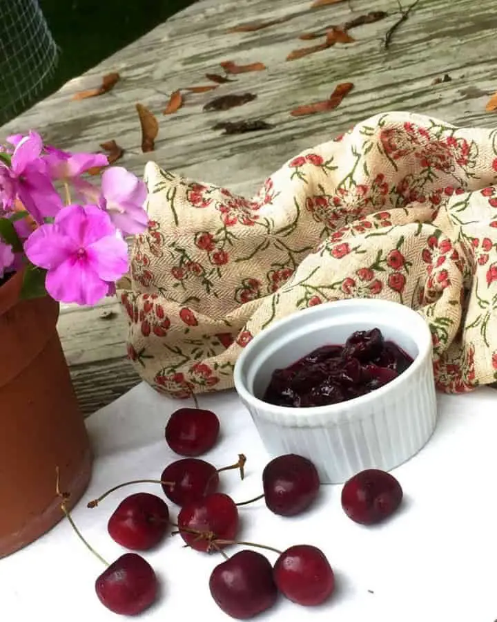 Easy Homemade Cherry Compote of fresh dark red cherries with cinnamon and vanilla extract