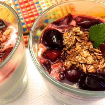 Easy to make, delicious Cherry Compote Yogurt Parfait with Granola.Yogurt layered with cherries, granola or nuts, cocoa powder and Cherry Compote topping.