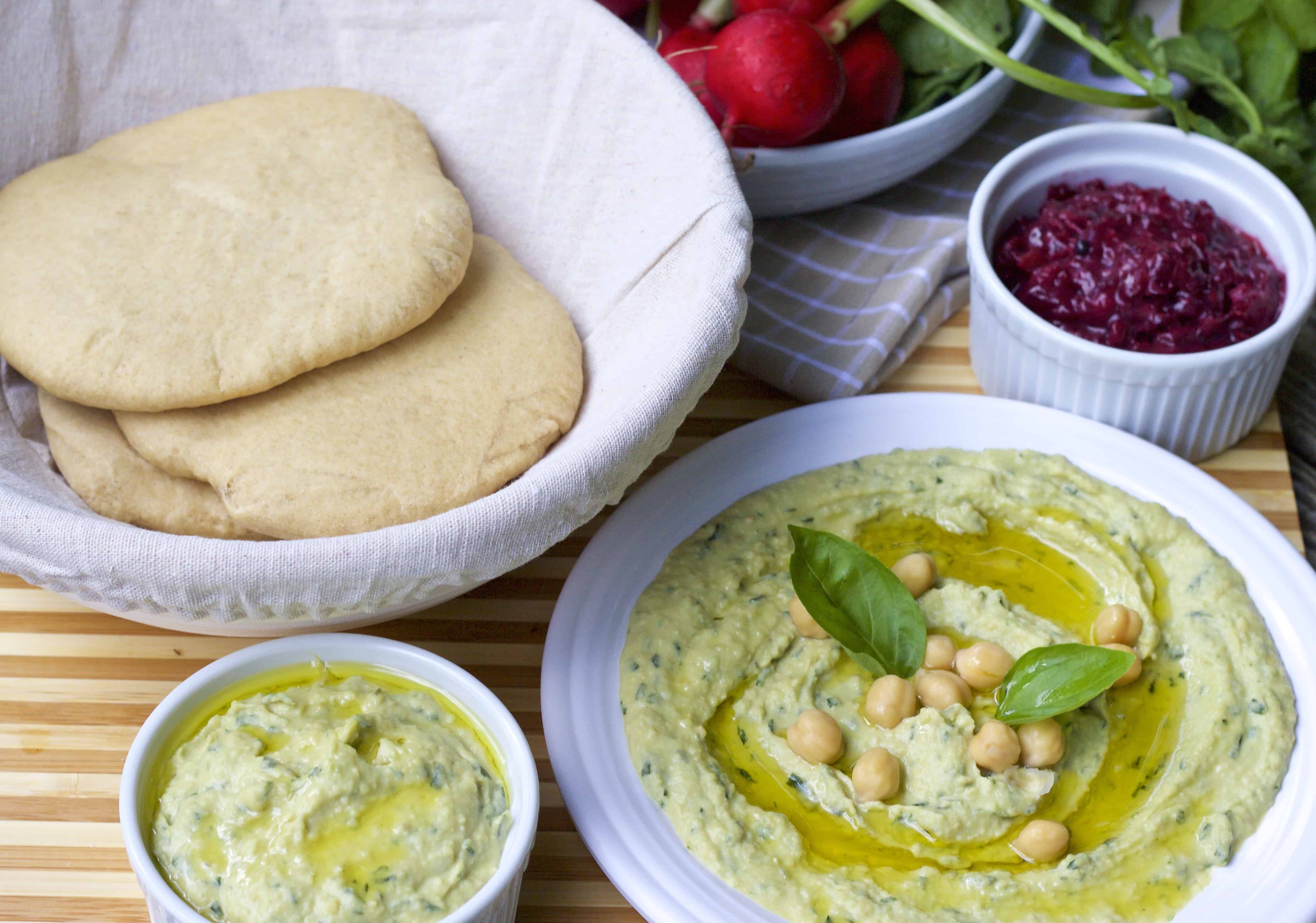 Simple Fresh Lemon Mint Basil Hummus Dip which is easy to make and has all the goodness and flavours of the herbs and garlic. Serve with homemade pita bread 