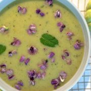 Green Patty Pan Squash Mint Soup with Orange and Hyacinth and Green Capsicum plus a dash of cumin and pepper to spice it up. Delicious, refreshing, easy.
