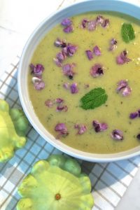 Green Patty Pan Squash Mint Soup with Orange and Hyacinth and Green Capsicum plus a dash of cumin and pepper to spice it up. Delicious, refreshing, easy.