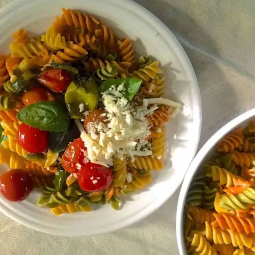 Colourful Rotini Pasta from juicy cherry tomatoes, garlic, fresh basil and spirally wholewheat pasta, on a white plate