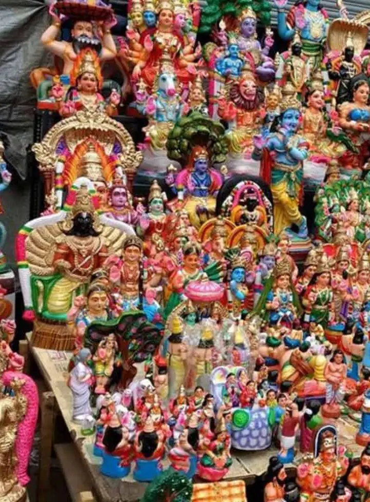 Colourful paper mache and clay dolls of Hindu Gods and other decorative items for Navaratri Golu in Chennai, India