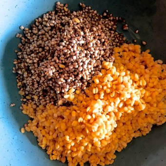 Drained brown pearl millets and bright split yellow lentils