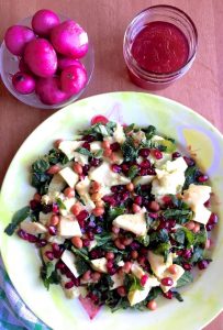 Easy Avocado Fenugreek Leaves Salad with a Pomegranate honey dressing alongside with a bowl of pink radish