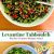 Two images of colourful Tabbouleh a white bowl, separated by a caption stating Levantine Tabbouleh -Parsley Tomato Bulgar Salad. Finely chopped green parsley, red tomatoes, green lettuce and creamy beige bulgar mixed into a refreshing salad