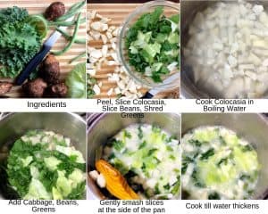 Step by Step Images to show the Process for Making Naga Hinkejvu Colocasia Curry from Peeling and slicing colocasia, slicing beans, shredding greens and cabbage, Cooking the slices in boiling water, adding the greens and beans and smashing slices against the pan