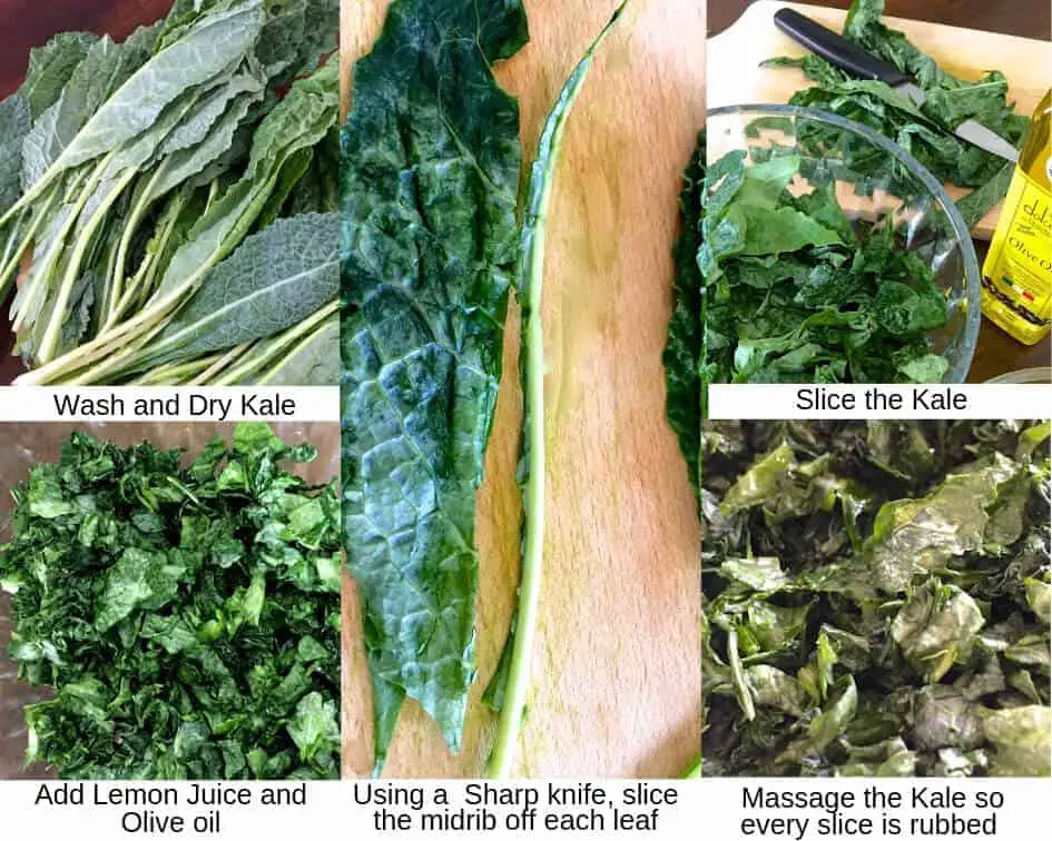 Steps for making marinated Kale and Mango Salad, showing kale leaves separated from each other, mid ribs sliced away, Kale sliced into pieces, massaged with olive oil and lemon juice