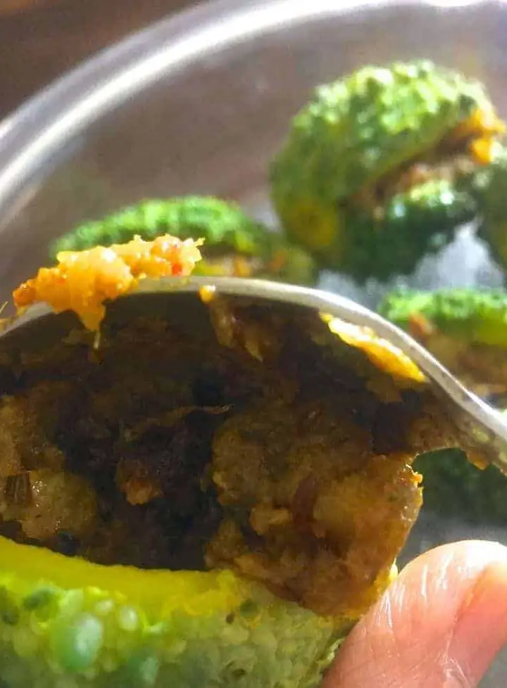 A baby bitter gourd/ karela held by the fingers while a stainless steel spoon of stuffing is being filled in. Other stuffed baby karela in the background