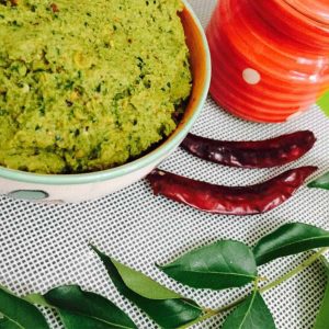 Green Ridge Gourd Peel chutney, Peerkangai Thogaiyal, in a white bowl edged with blue and orange. A sprig of curry leaves 