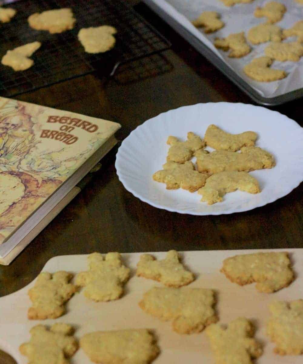 Animal shaped cookies on a wooden board and some on a white plate. A cream designed book on the left, all on a dark brown background