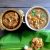 A festive sweet and vegetable stew, Thiruvathirai Kali in two brass bowls and the same items spread on a fresh green banana leaf https://www.PepperOnPIzza.com