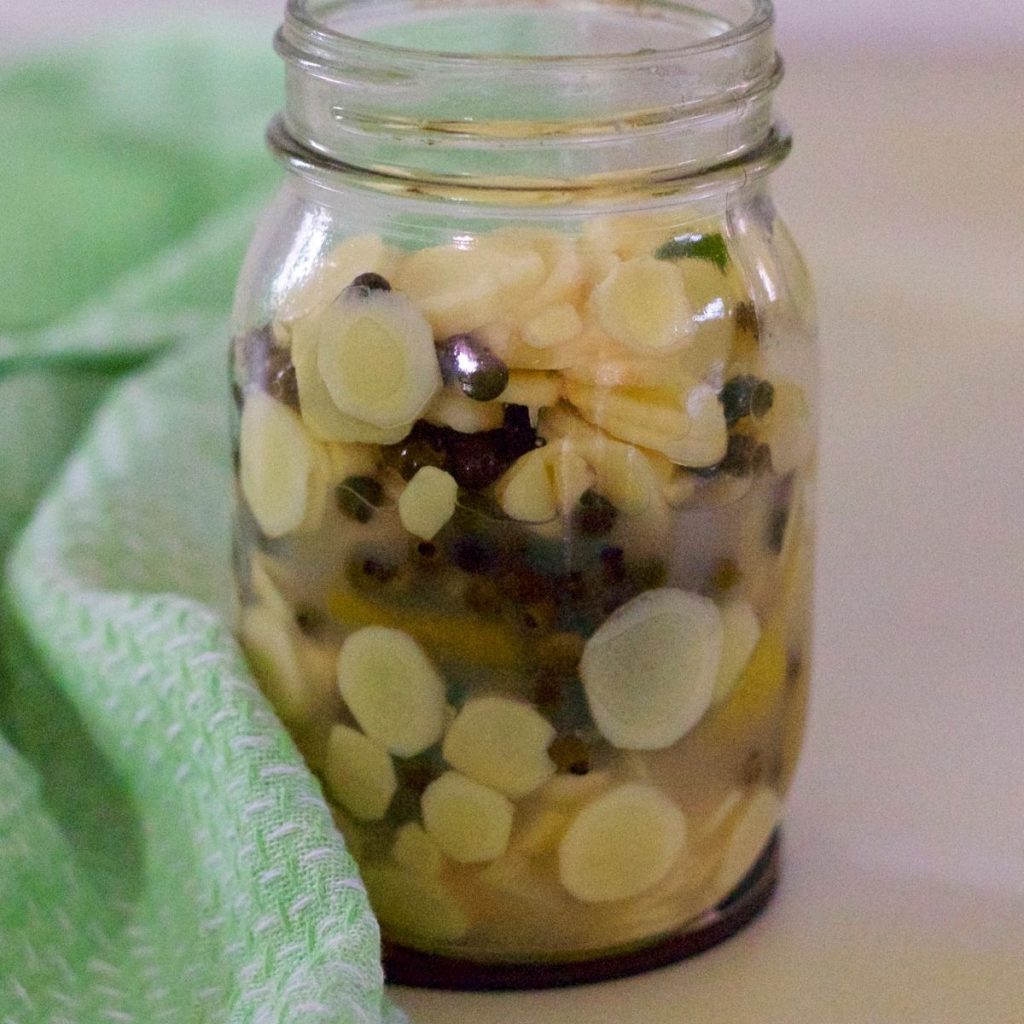 Mango Ginger Peppercorn Pickle in a tall glass jar with round slices of the mango ginger showing along with dark hued peppercorns. Pale green and white napkin to the left of the image, and all on a beige background