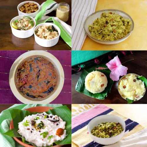 Six rectangles showing six different dishes for Navaratri naivedyam, some on leaves, some in bowls with coloured napkins in the background.