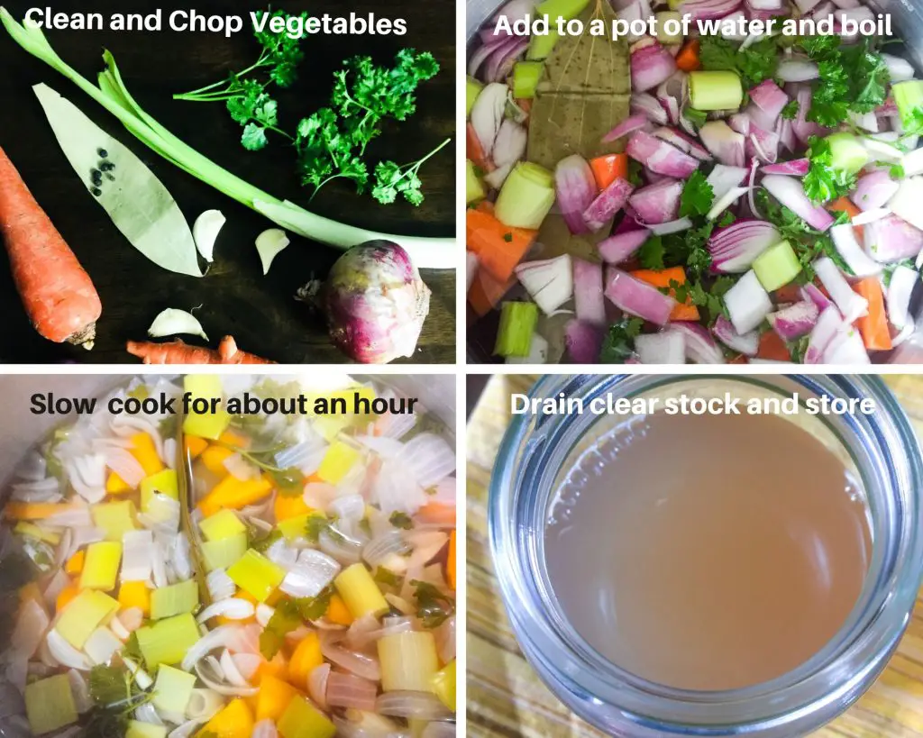 Collage of four images showing process of making vegetable stock, clean and chop vegetables, slow cook in water for an hour, sieve and store