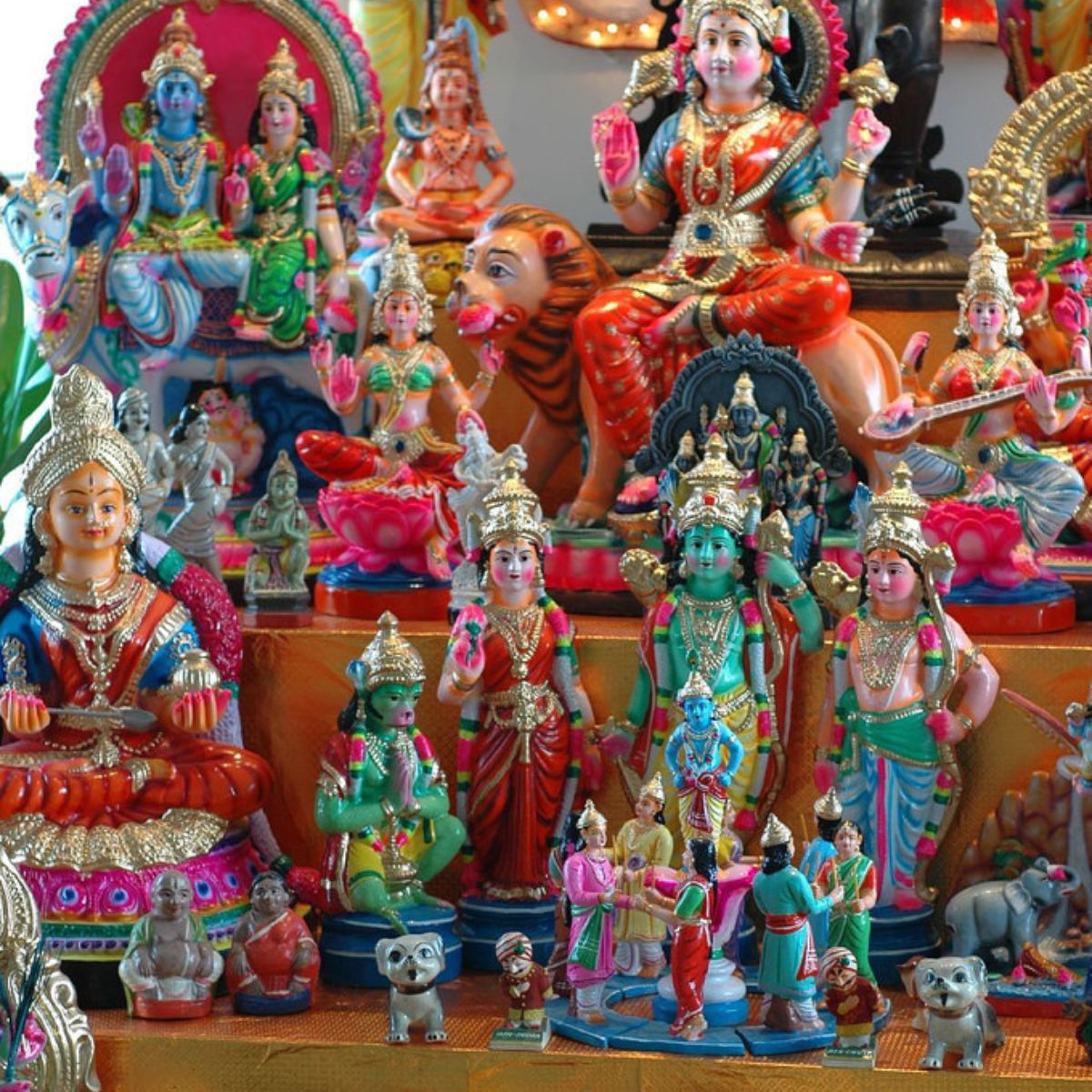 Colourful paper mache and clay dolls of Hindu Gods and other decorative items for Navaratri Golu in Chennai, India